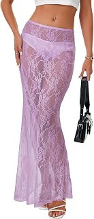 Rooscier Women's Lace A Line Sheer Maxi Skirt
