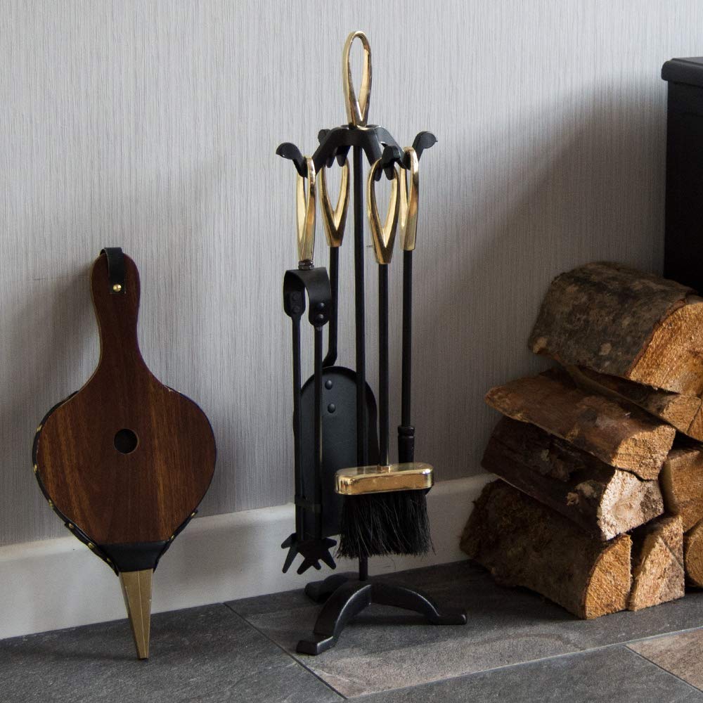 FIRE VIDA 5 Piece Buxton Fireplace Companion Set – Black & Brass Fire Tool Set w