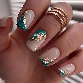 24pcs Push Nails Green Short Square Glass Finish Fake Nail Set Removable Medium Square Fake Nails for Girls