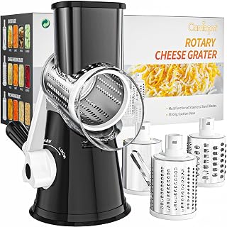 Cambom Rotary Cheese Grater Hand Crank Cheese Shredder, Black | for Fresh Cheese, Vegetable, Nuts,Non-slip Suction Base, Three Blades