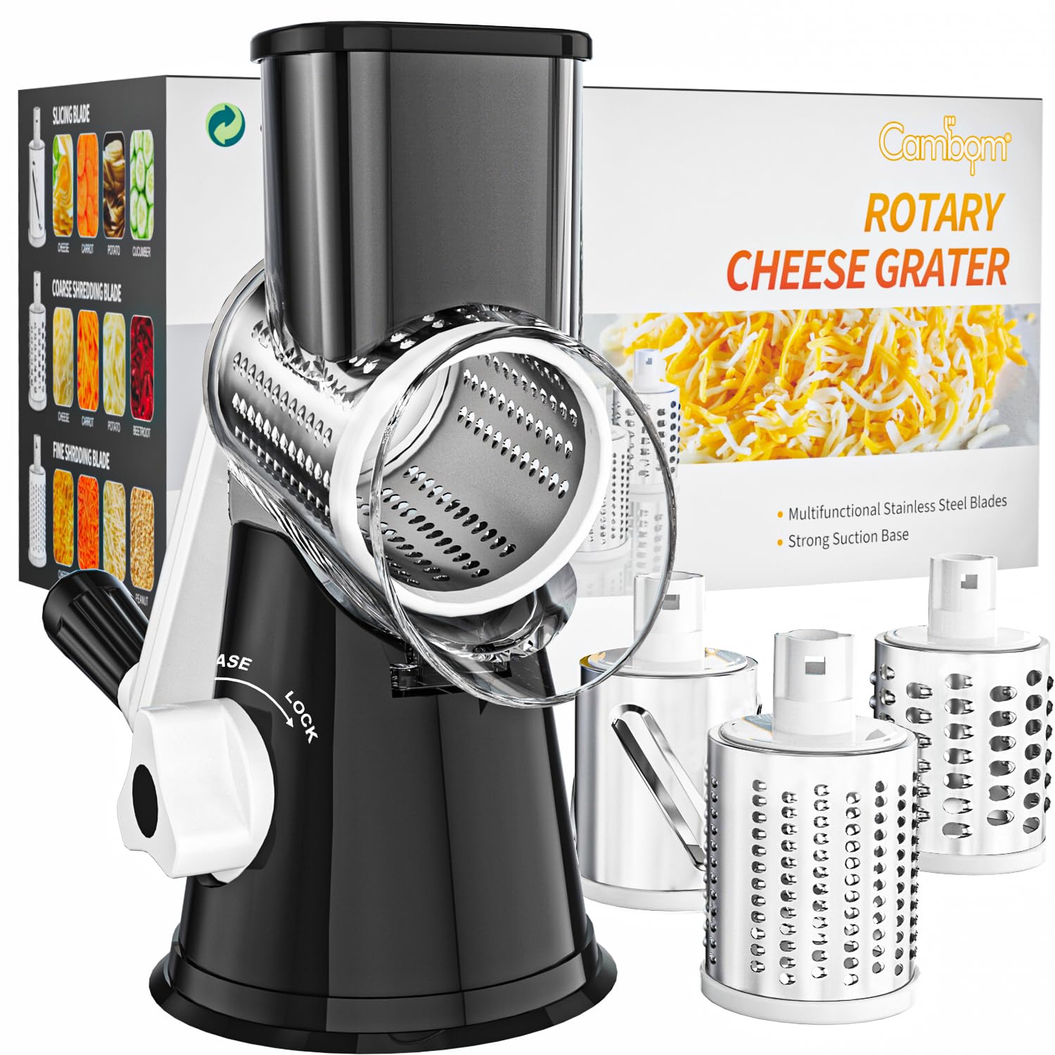 Cambom Rotary Cheese Grater Hand Crank Cheese Shredder, Black | for Fresh Cheese