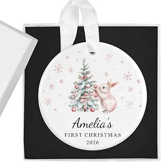 Personalised Baby's First Christmas Bauble Ornament with Gift Box - Custom 1st Xmas Keepsake - Ideal for New Baby Girl (Pink Rabbit Tree)