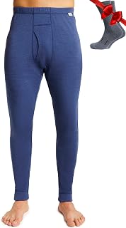 Pantalones de lana merino con capa base para hombre, 100% lana merina, ropa interior térmica de pantalones largos ligeros, medianos, pesados + calcetines de lana, Windsor Azul 250, Medium