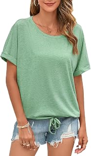 ENMAIN T-shirts décontractés à col rond pour femme - Manches courtes roulées - Ourlet élastique - Hauts d'été
