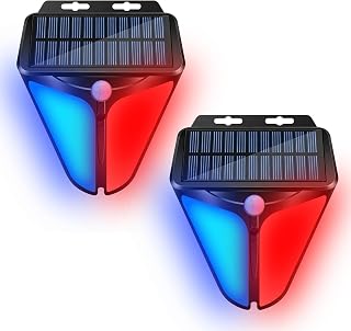 Aolyty Solar Motion Sensor Alarm Light with Siren, 4 Modes, 2 Pack | IP65 Waterproof Red & Blue LED Outdoor Security Warning Lights for Fences, Pastures, Farms, Yards
