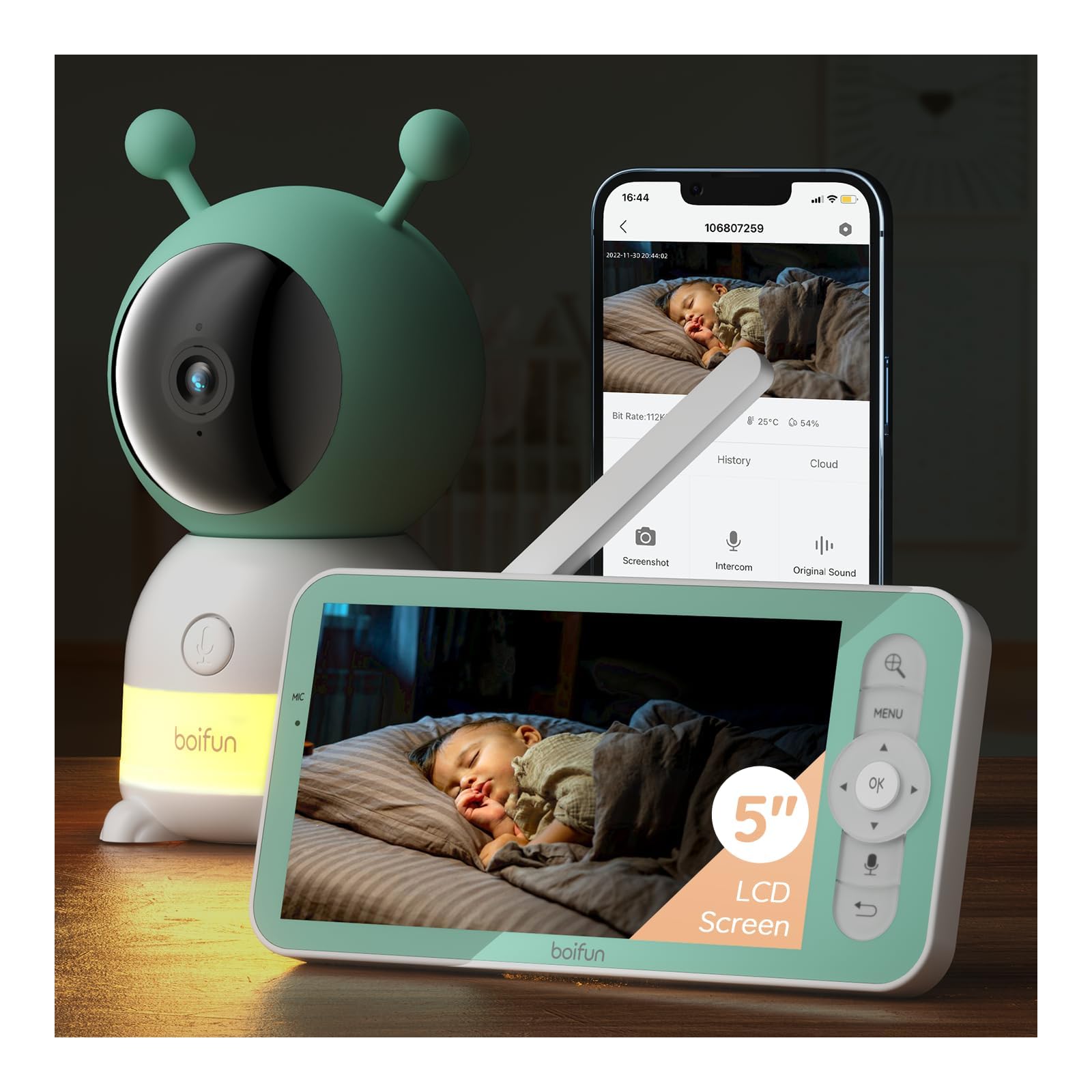 Boifun 2K 2.4GHz WiFi Baby Monitor, Phone App & 5'' Screen Control, Smart Night 