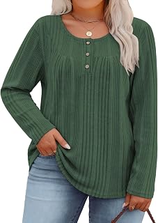 VISLILY Womens-Plus-Size-Tops Casual Henley Long Sleeve Pullover Sweaters