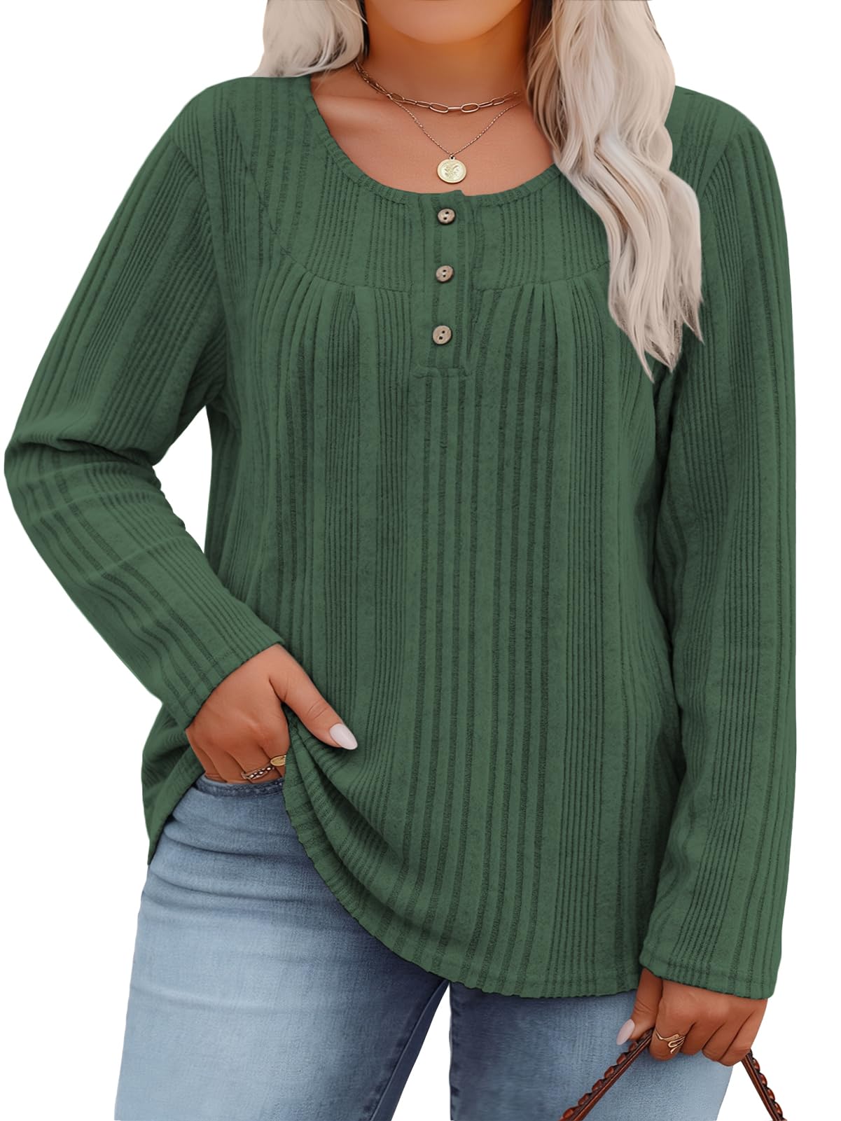 VISLILY Womens-Plus-Size-Tops Casual Henley Long Sleeve Pullover Sweaters
