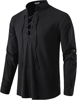 JEMITOP Men's Pure Cotton Renaissance Lace Up Shirt | Long Sleeve, Retro, Pirate, Medieval, Viking, Costume, Vintage, Vampire, Halloween, Cosplay, Clothing