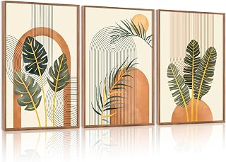 KAIRNE Set of 3 Bohemian Canvas Wall Art Prints, Tropical Palm Leaves, Mid Century Geometric Illustrations, Abstract Images, Modern Botanical Prints for Living Room