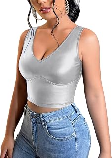 Floerns Women's PU Leather V Neck Solid Sleeveless Camisole Crop Tank Top
