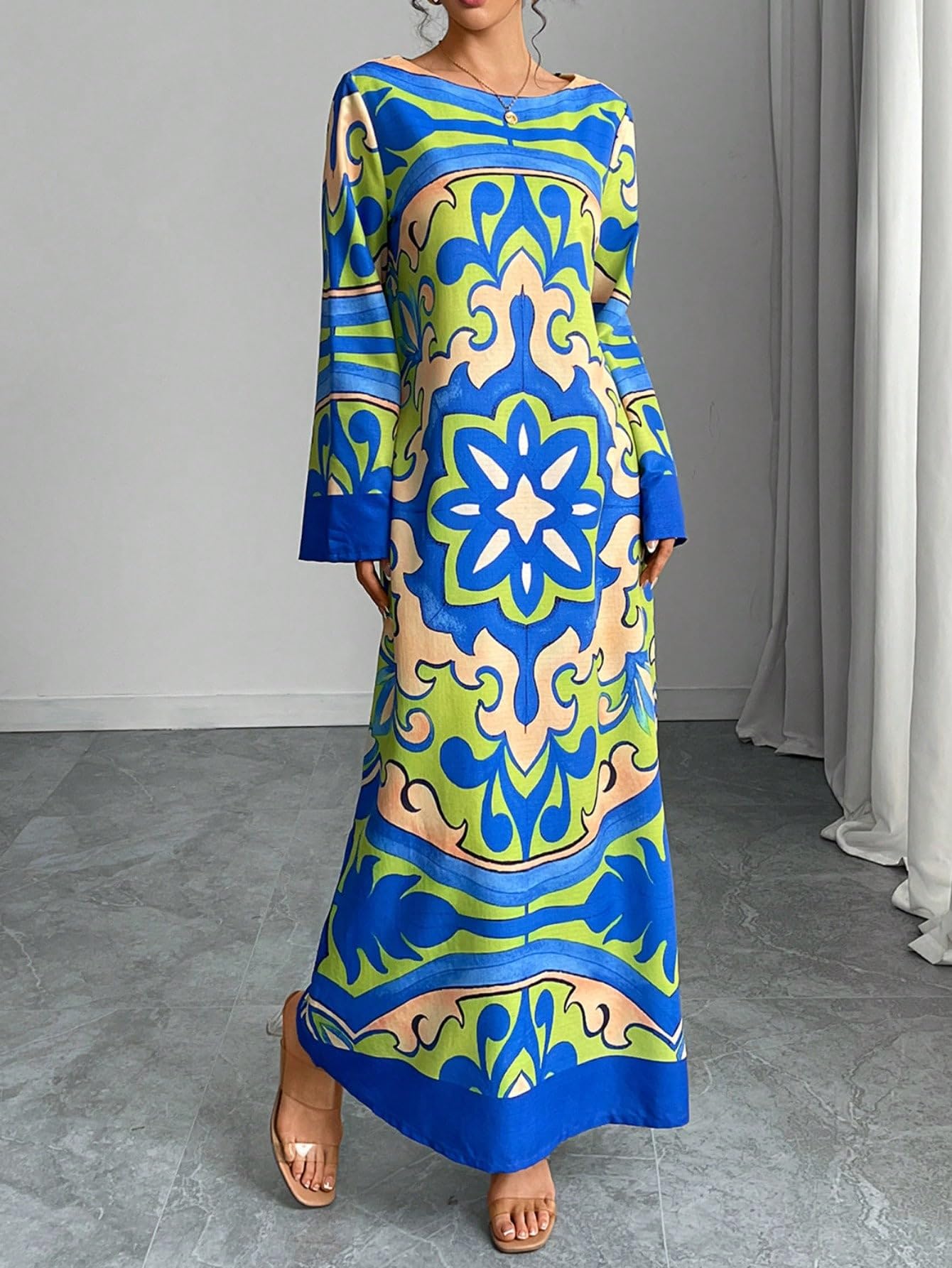 Vestido largo con estampado de manga larga para mujer, elegante estilo casual, p