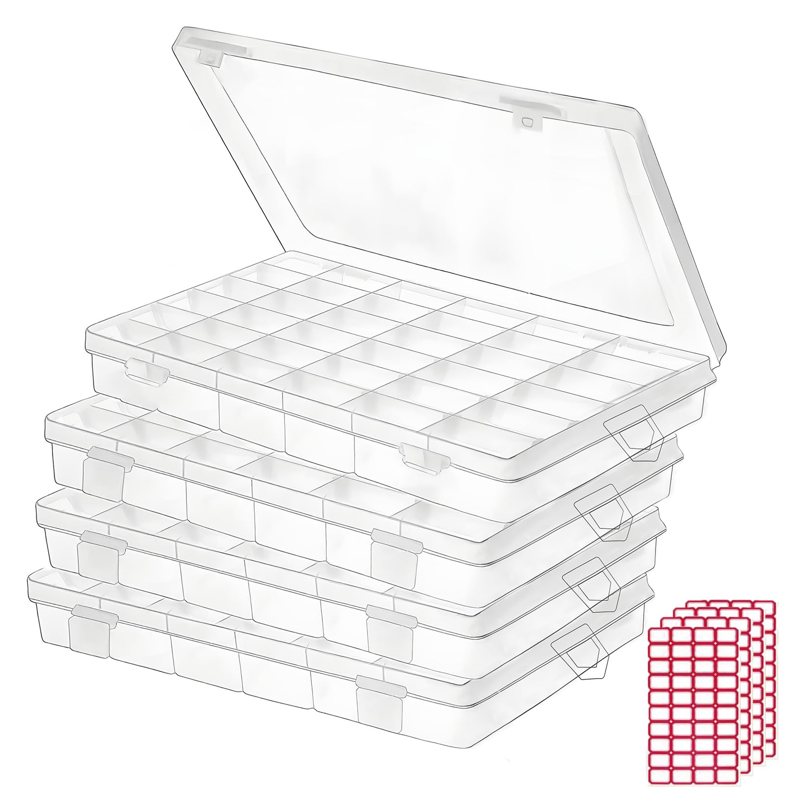 Budreu 4pack 36 Grids Plastic Clear Organizer Box Bead Storage Containers with A