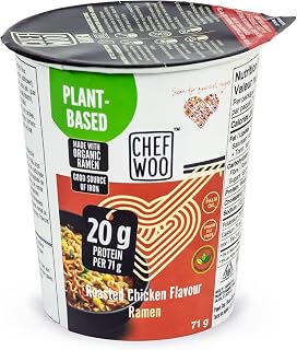 CHEF WOO Roasted Chicken Vegan Ramen Cups, 20g Plant Protein, 12-Pack | 20 g plant protein per cup