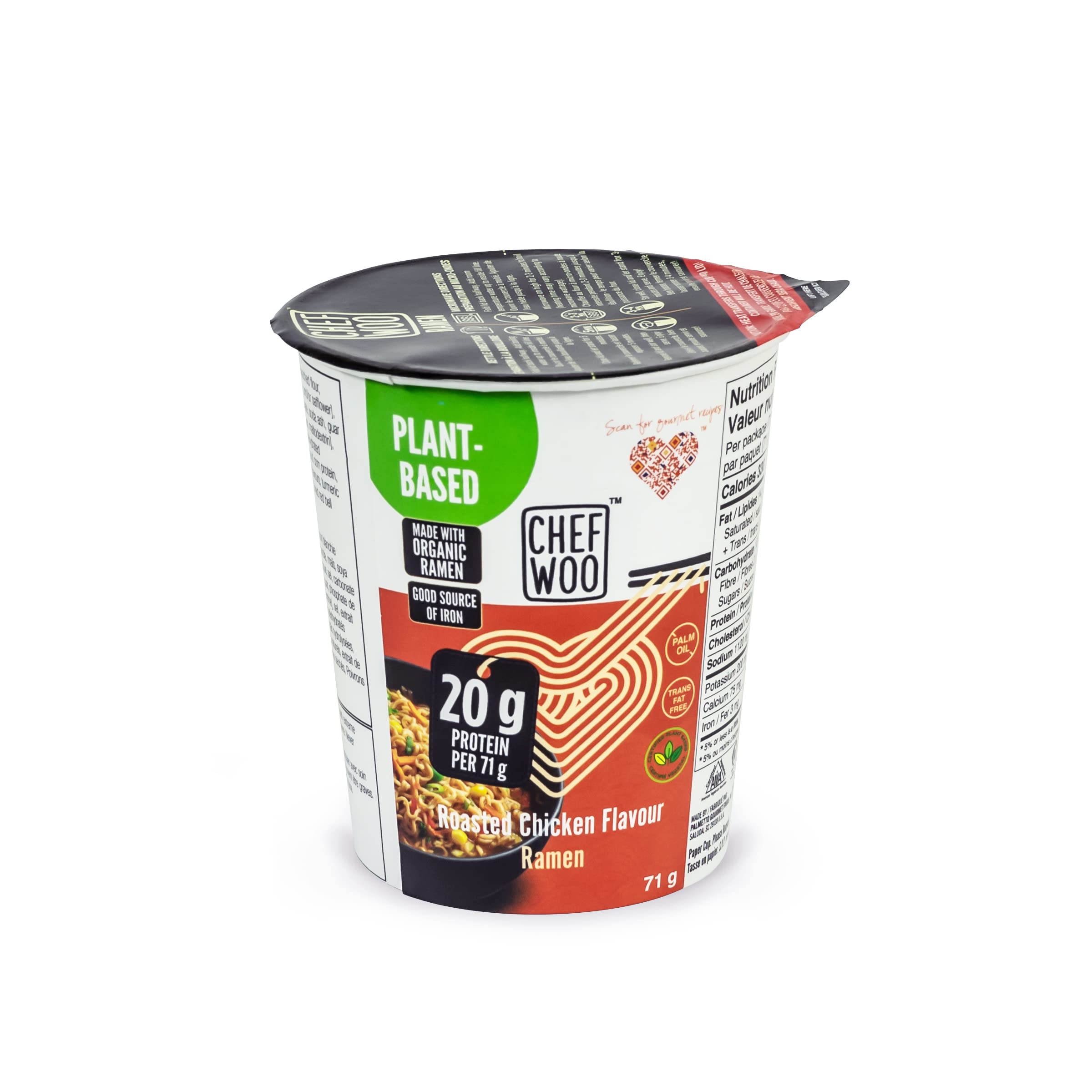 CHEF WOO Roasted Chicken Vegan Ramen Cups, 20g Plant Protein, 12-Pack | 20 g pla