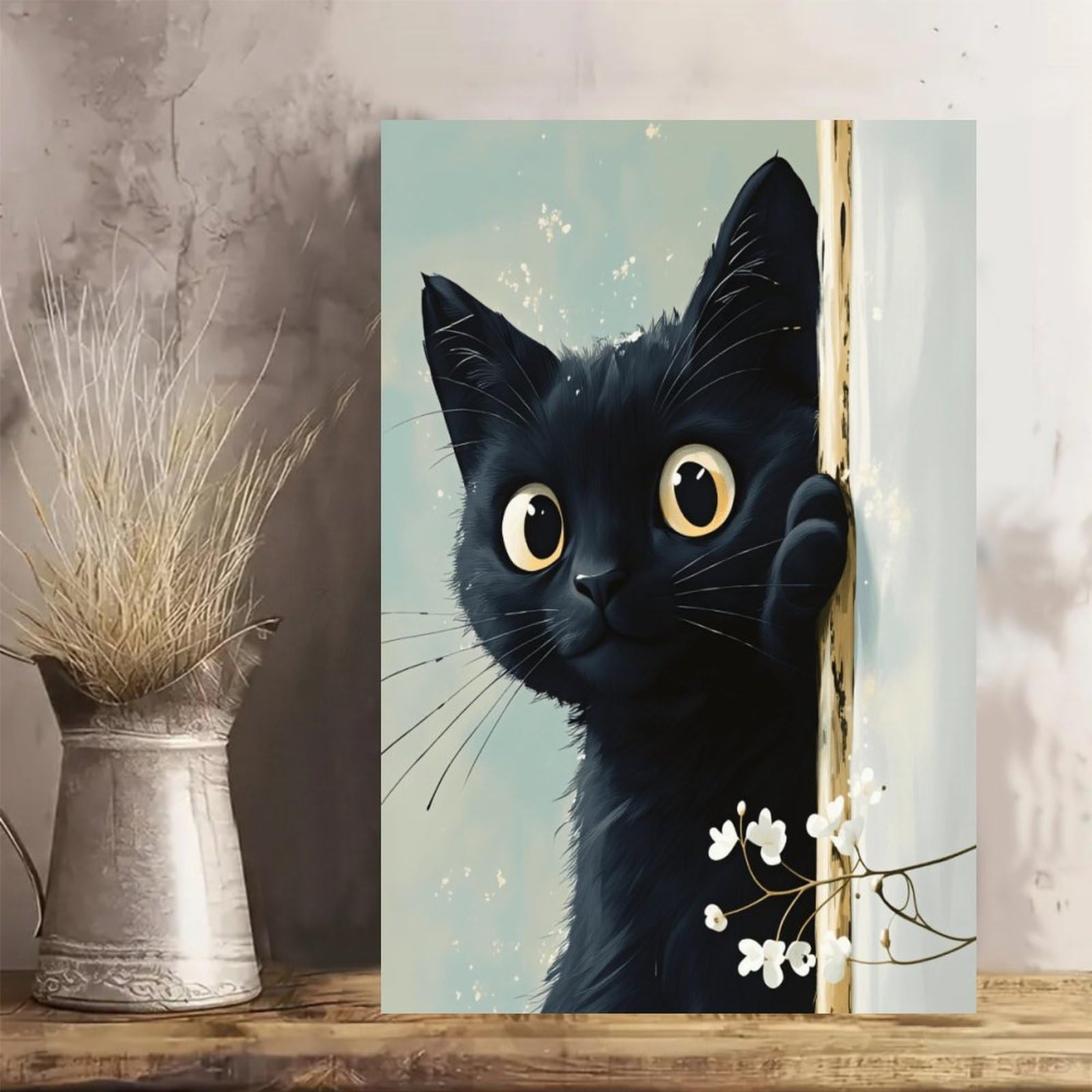 Vintage Rustic Black Cat Canvas Wall Art - Unframed Poster 12x18 Inch Ideal Home
