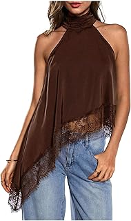 Milumia Women's Halter Neck Top Lace Asymmetrical Hem Going Out Tank Tops | Date Night Tops, Sleeveless, Flowy, Sexy, Summer Fall, Country Concert, Club, Classy Outfits