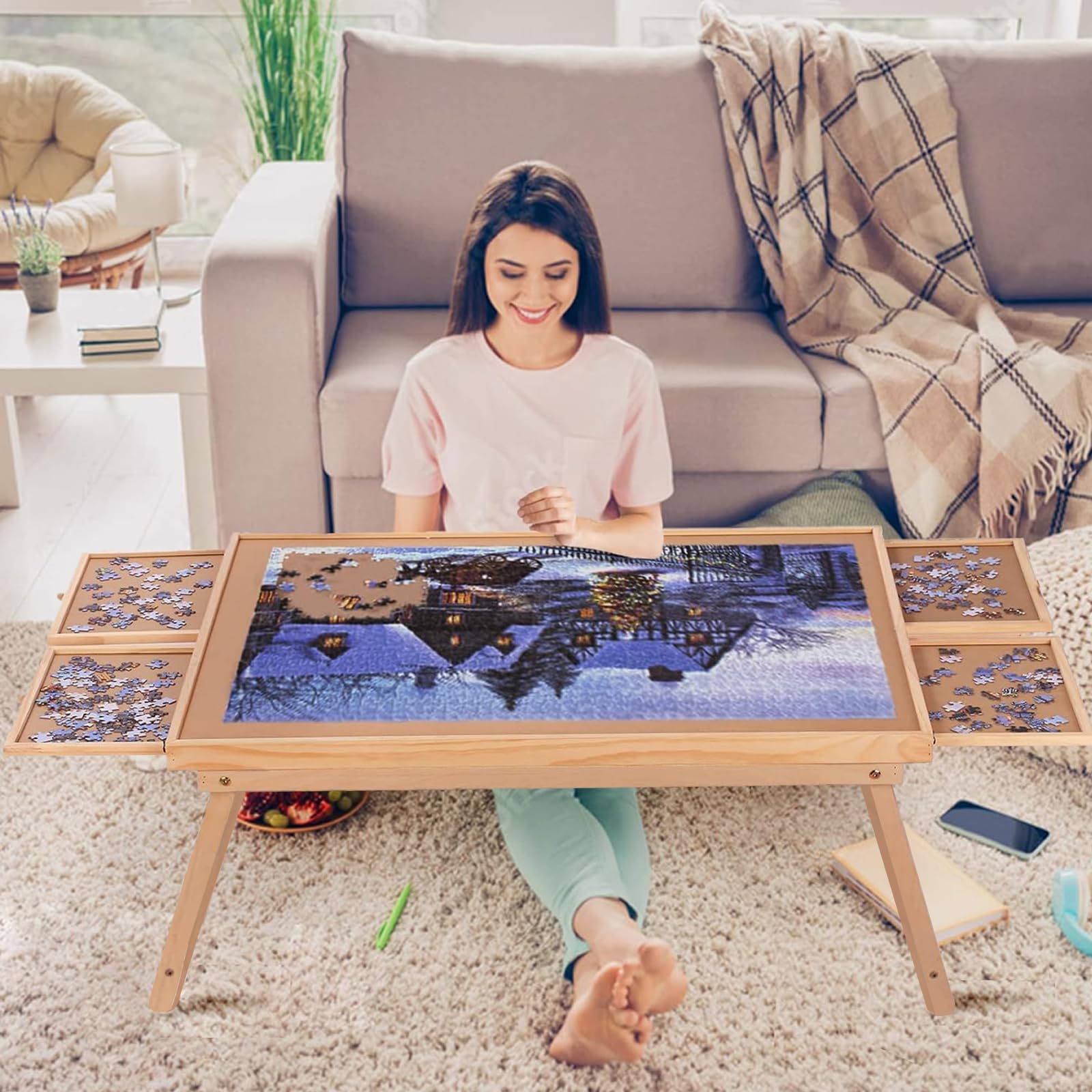 Yacona Puzzle Board 1500 Pieces, Puzzle Table with Folding Legs, 4 Drawers and C