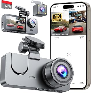 Dash Cam Front and Rear Inside 3 Channel 4K Full UHD Dash Camera for Cars | Built-in 32GB Card with IR Night Vision, 24 Hours Recording, Loop Recording, G-Sensor (Black)
