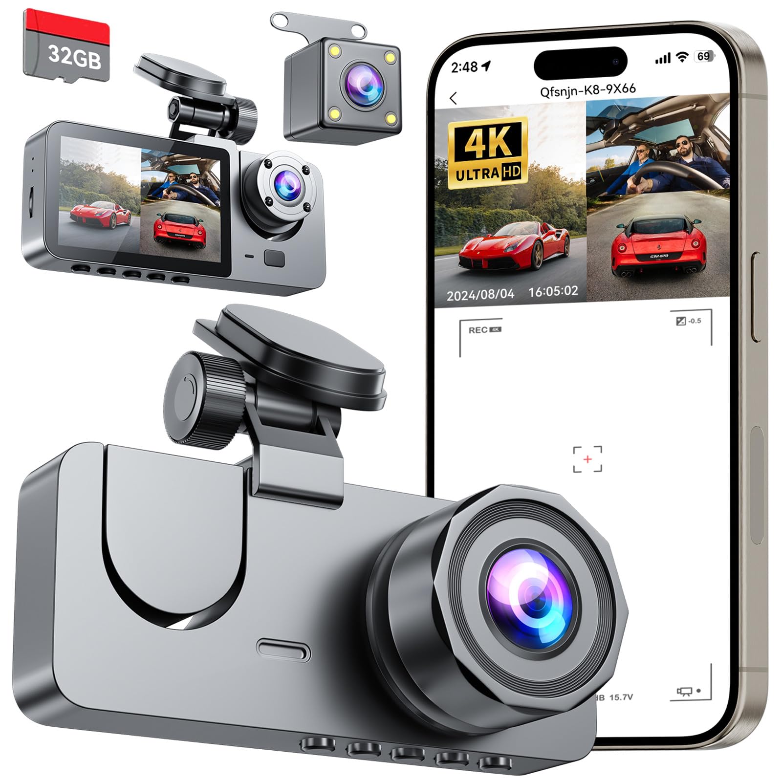 Dash Cam Front and Rear Inside 3 Channel 4K Full UHD Dash Camera for Cars | Buil