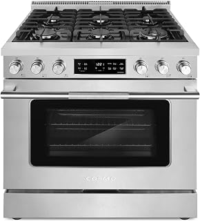 36 in. Stellar Coll 6.1 cu ft 6 Burner Gas Range, Air Fry, Stainless Steel | Cosmo COS-RGS366SS Convection Oven, Steam Clean Function, Cast Iron Grates, Storage Drawer, Digital Display, Metal Knobs