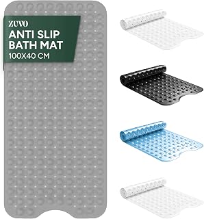 Zuvo Extra Long Bath Mat Non Slip Anti Mould, 100 x 40 cm, Grey | PVC Shower Mat With Suction Cups, Machine Washable, Non Slip Anti Mould, Kids and Elderly Safe