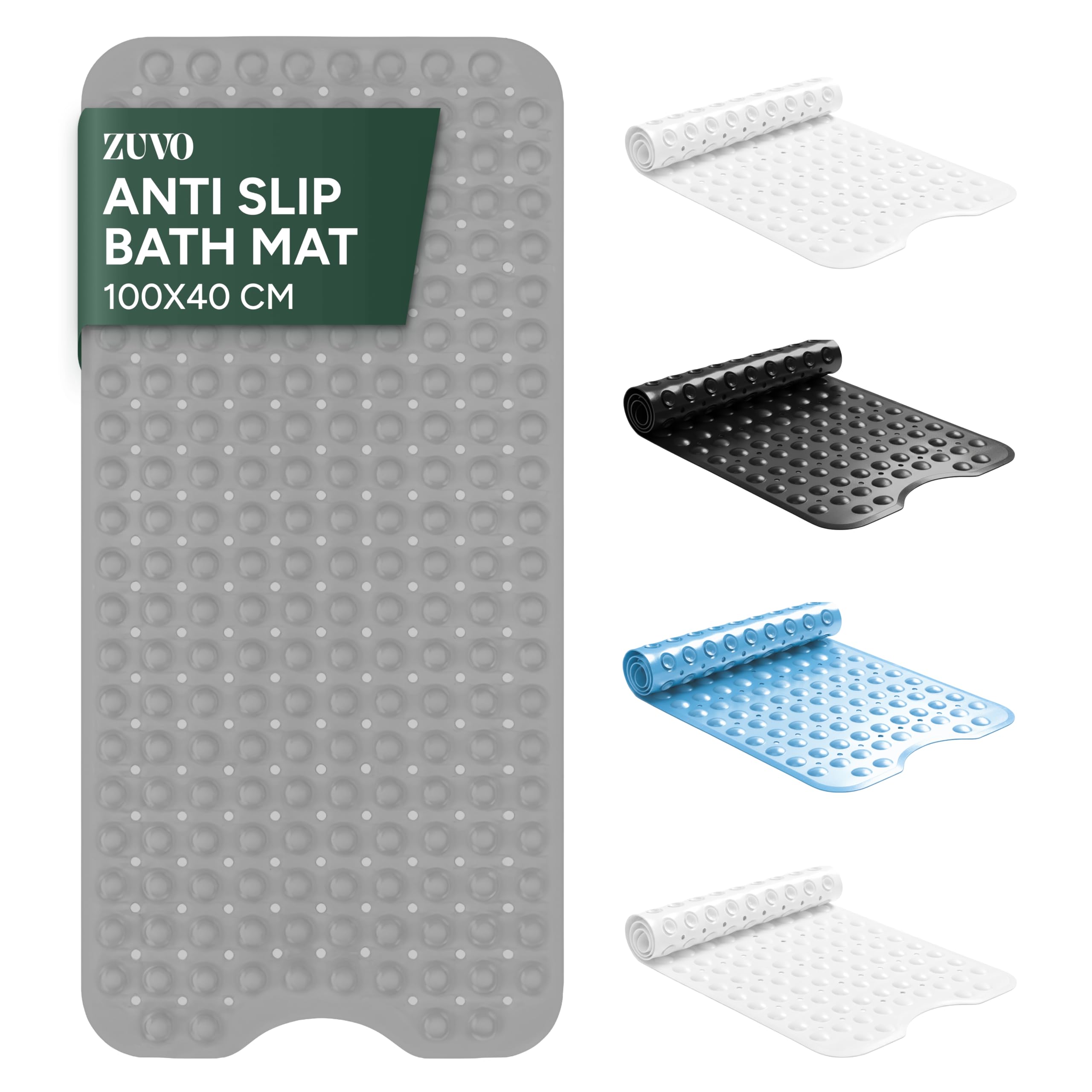 Zuvo Extra Long Bath Mat Non Slip Anti Mould, 100 x 40 cm, Grey | PVC Shower Mat