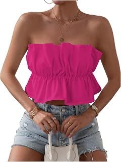 GORGLITTER Women's Ruffle Bubble Tube Tops Strapless Bandeau Peplum Shirts