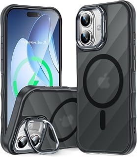 [Camera Ring Stand+Wave Magnetic Back] for iPhone 16 Case, [Fit for Magsafe][Non-Slip Edge] Matte Translucent Protective Phone Case Cover Men Women for iPhone 16 6.1", Black