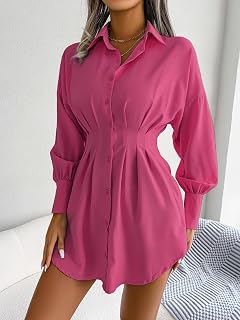 Women Casual Button Down Collar Long Sleeve Irregular Hem Work Office Mini Dresses