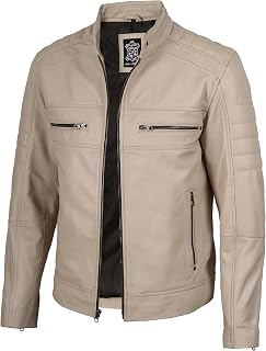 fjackets Cafe Racer Leather Jacket Men - Real Lambskin Moto Style, Stand Collar Zip-Up Leather Jacket for Men