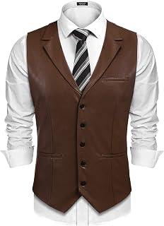 COOFANDY chaleco de piel para hombre, chaleco informal con cuello en V, chaleco chaleco chaleco - Marrón - Small