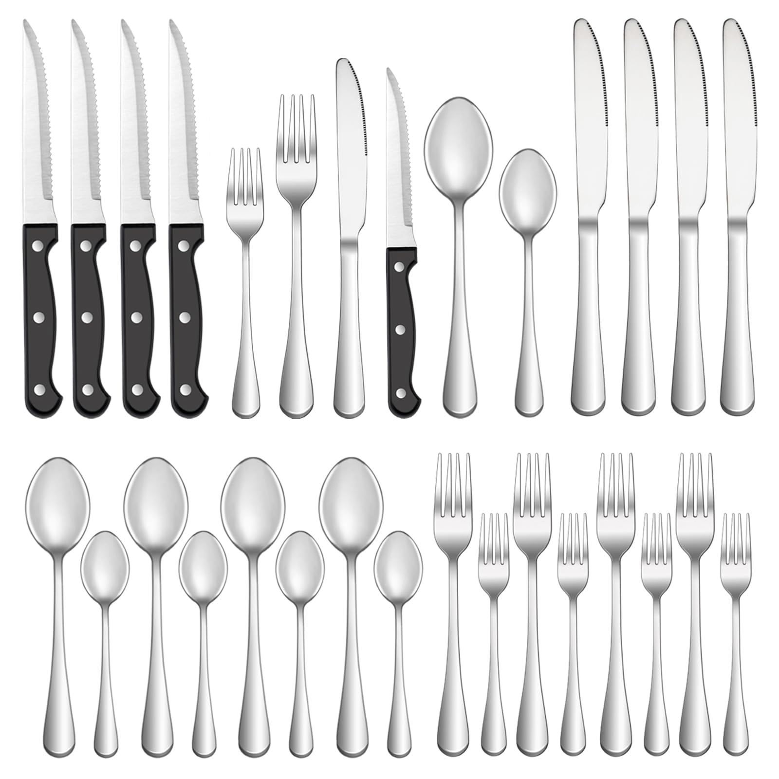 24 Pcs Silverware Set with Steak Knives for 4, Stainless Steel Flatware Set, Mir