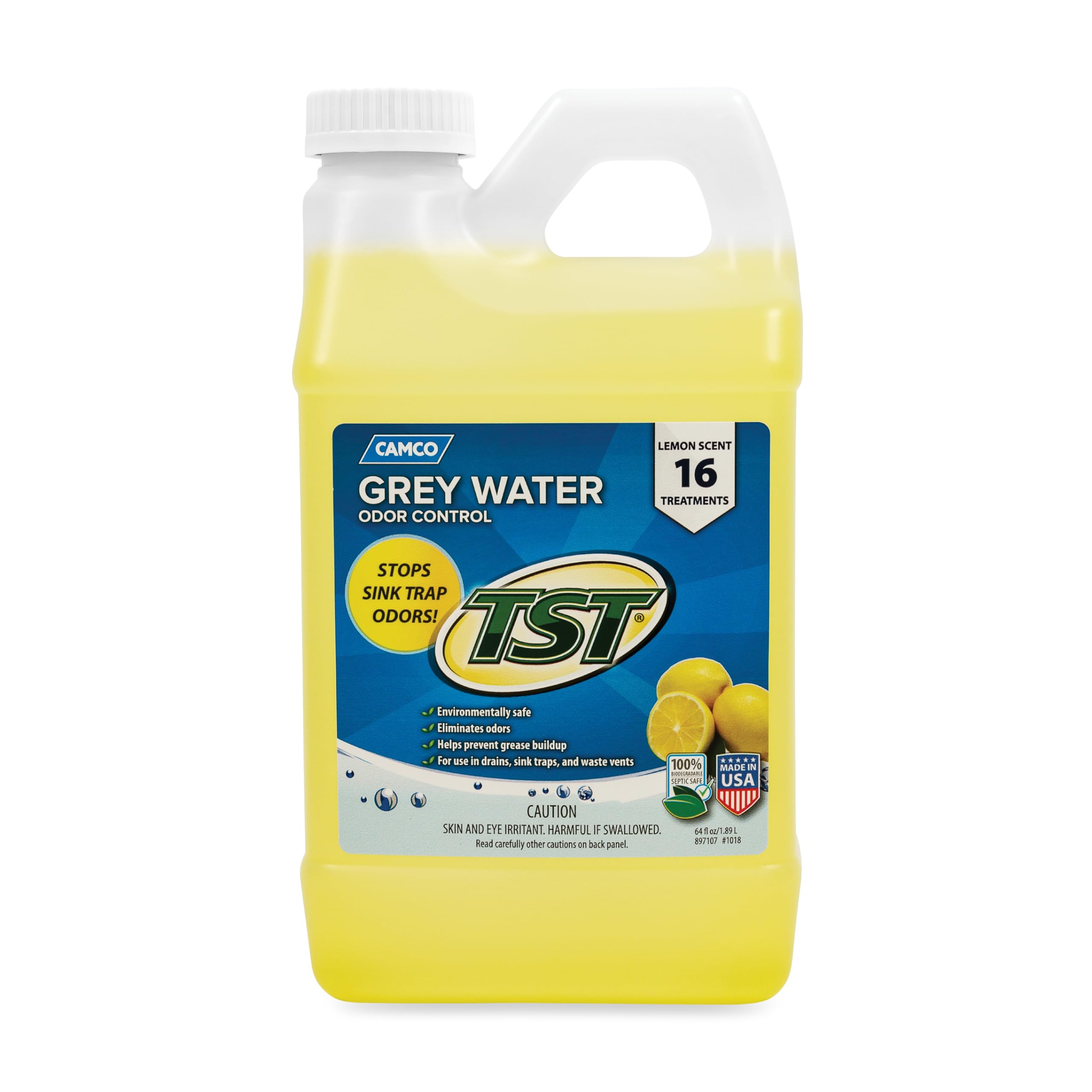 Camco TST RV Grey Water Odor Control - Lemon Scent - 64oz - Made in the USA | Re