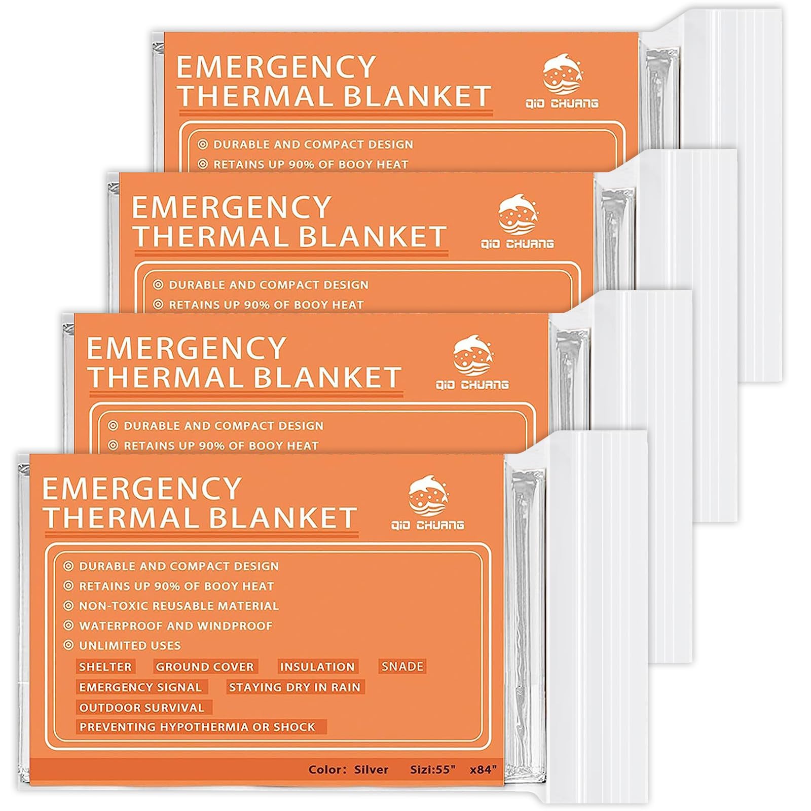 QIO CHUANG Emergency Mylar Thermal Blankets 4 Packs Survival Kit 84''x55'' | Spa