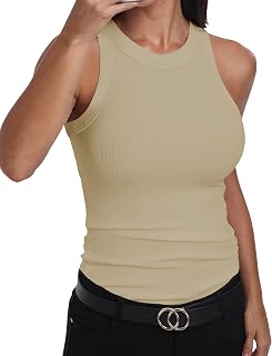 GEMBERA, Women's Sleeveless Turtleneck Basic Cotton Ribbed Bodycon Tank Top