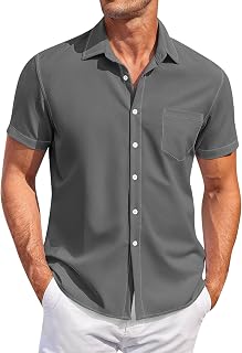 Mens Stretch Short Sleeve Casual Button Down Pocket Shirt