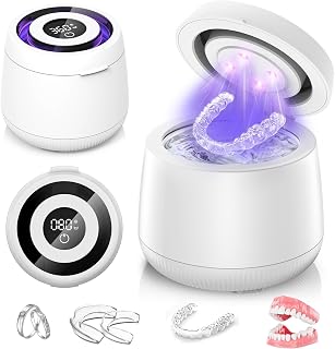 Ultrasonic Retainer Cleaner Machine, Dynamic 42-48kHz Dental Cleaning Pod with Digital Timer, 200ml Mouth Guard Cleaner Pod for Aligners, Night Guards, Dental Trays, Braces & Toothbrushes（White）