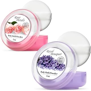 R-NEU 2 Pack Body Powder for Women with Powder Puff, 100% Talc-Free, Elegant Rose Petal &amp; Royal Bouquet Scented Dusting Powder, After Bath for Soft Skin, Extra Large, (2 Pack, 5 Oz Each)
