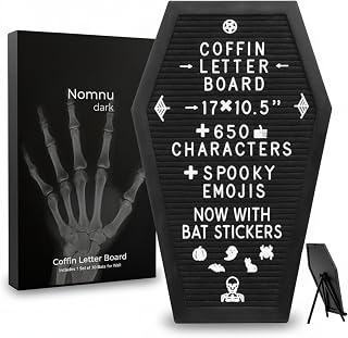 Nomnu Coffin Letter Board, Black Goth Decor with Bat Stickers Spooky Emojis | Wood and Felt board 17x10.5 inches +650 characters 80+ spooky gothic seasonal emojis, sawtooth hanger. Tabletop Stand