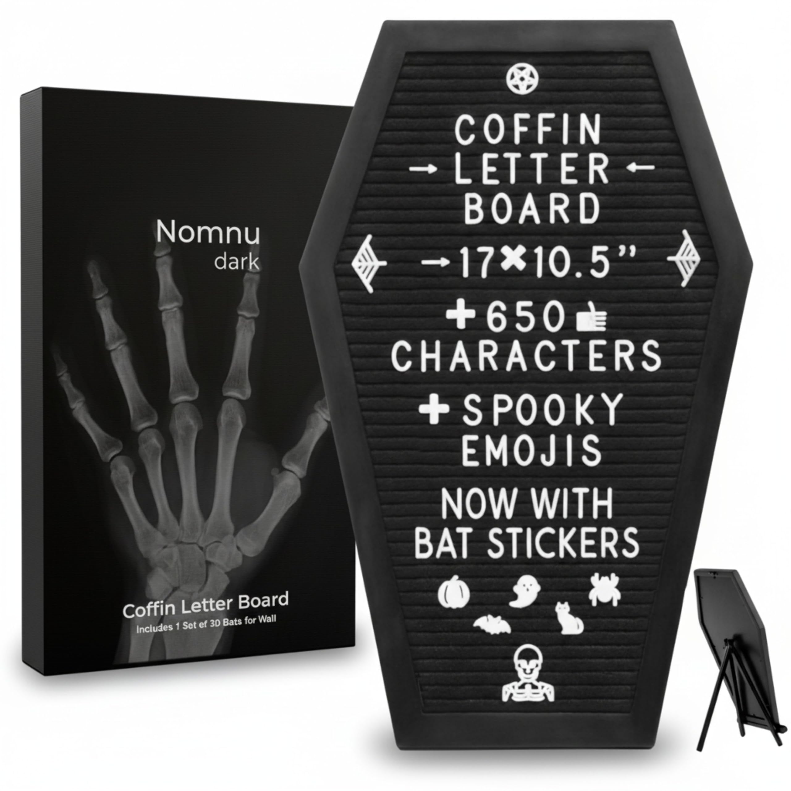 Nomnu Coffin Letter Board, Black Goth Decor with Bat Stickers Spooky Emojis | Wo
