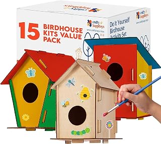 Wooden Birdhouses to Paint - 15 Bulk DIY Bird House Craft Kits for Kids