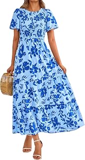 PRETTYGARDEN Women's Smocked Top Spring Dresses for Women 2024 Short Sleeve Floral Maxi Dress for Women Modern