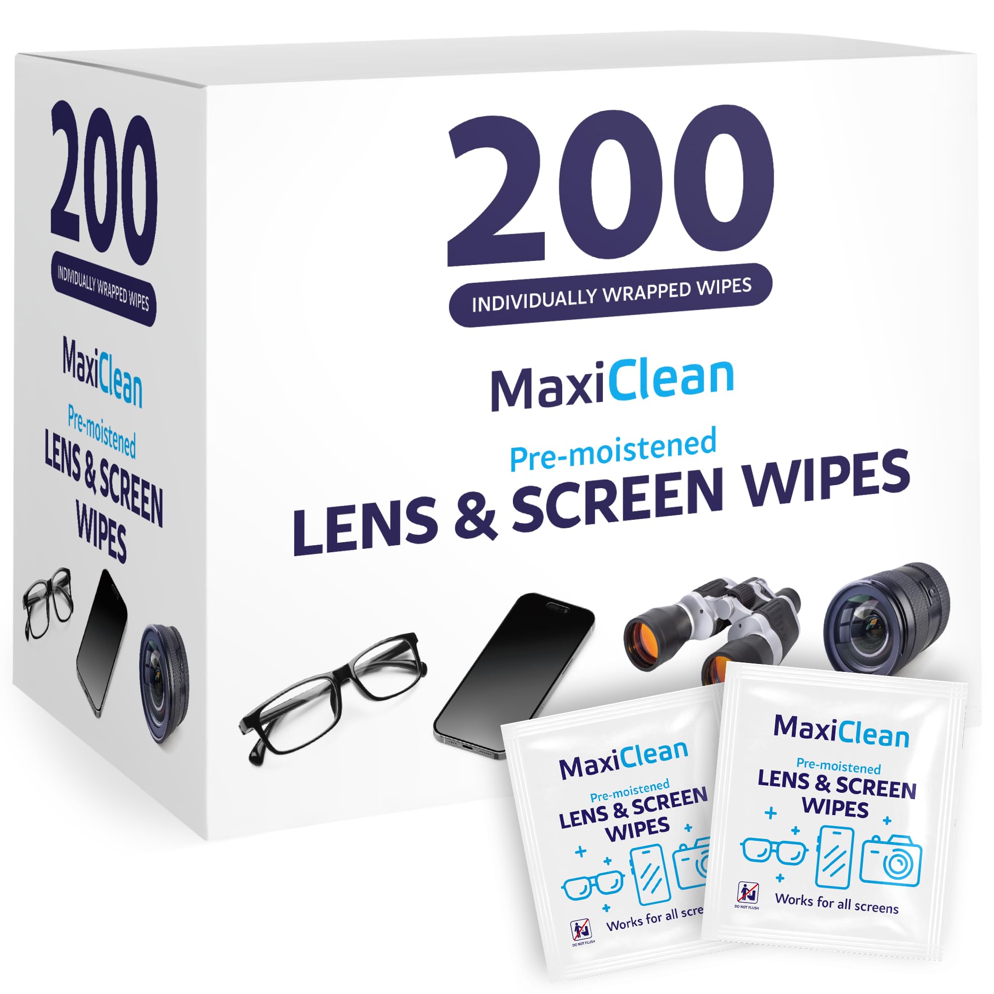 Lens Wipes for Eyeglasses – 200 Lens Wipes Individually Wrapped, Pre-moistened E