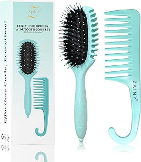 ZAINY Curly Hair Brush and Wide Tooth Comb Set Mint Green 2 Styling Tools