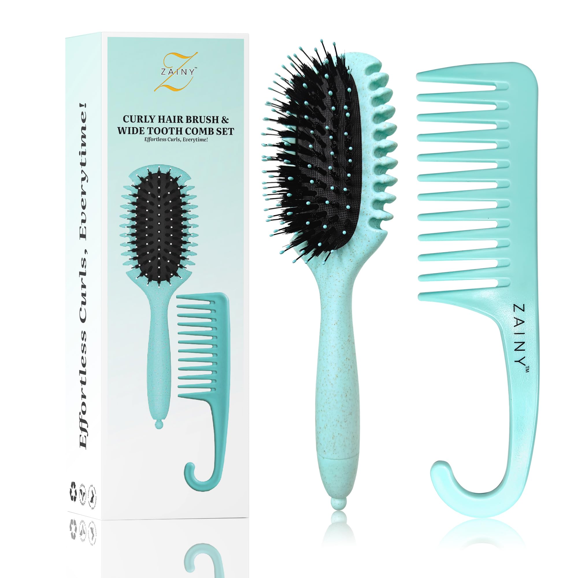 ZAINY Curly Hair Brush and Wide Tooth Comb Set Mint Green 2 Styling Tools