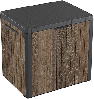 Keter Premium Everwood 30 Gal Outdoor Storage Box and Patio Side Table | Walnut, Resin, Compact, Waterproof, Lockable, Durable, Easy Assembly, Organization, Patio Cushions Storage