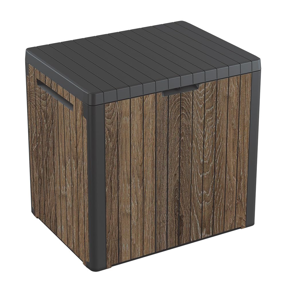 Keter Premium Everwood 30 Gal Outdoor Storage Box and Patio Side Table | Walnut,