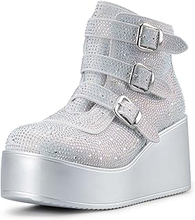 LUCKY STEP レディース プラットフォーム チャンキー アンクルブーツ - ラウンドトゥ ジッパー ウェッジ ハイヒール レイブ バックル 厚底 ゴスブーツ