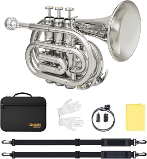 SONICAKE Bb Pocket Trumpet for Beginners - Nickel Plated Brass Mini Trumpet | Full Kit with 7C Mouthpiece, Hard Case, Gloves & Cleaning Kit